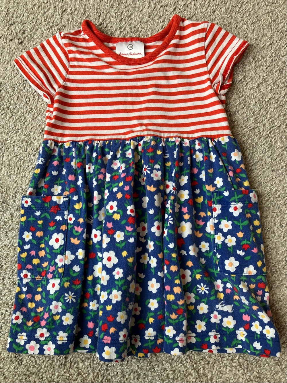 Hanna Andersson Red & White Striped Top Navy Floral Pocket Dress